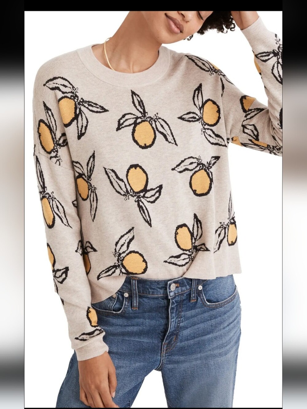 Madewell Boxy Tangerine Jacquard Cropped Crew Neck Sweater Pullover Womens Small